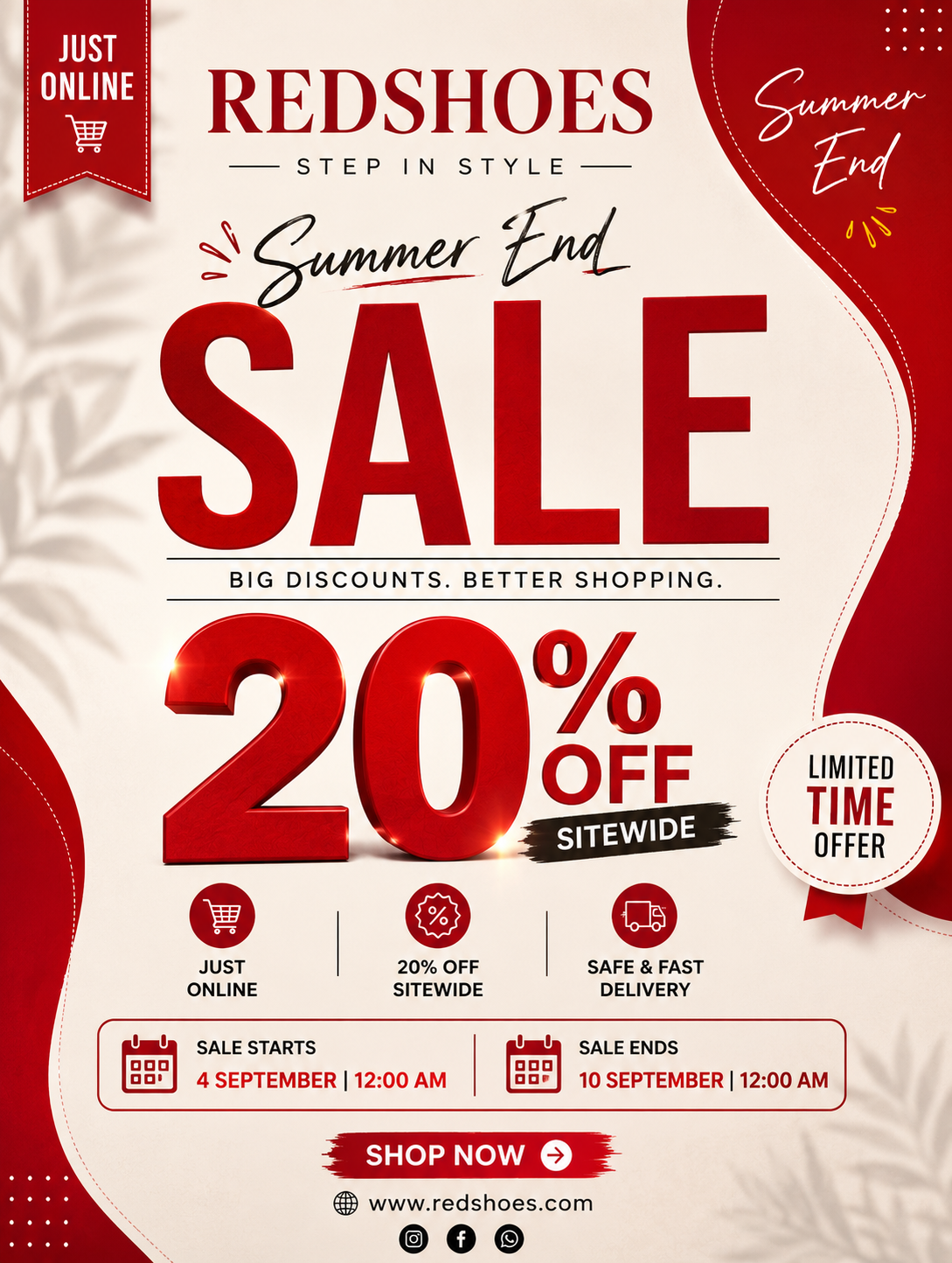 A promotional sale flyer for RedShoes featuring large red and black text on a cream background with decorative red corner shapes and icons. The flyer reads 'REDSHOES STEP IN STYLE', 'Summer End SALE 20% OFF SITEWIDE', and includes dates, time, and a 'Shop Now' button.